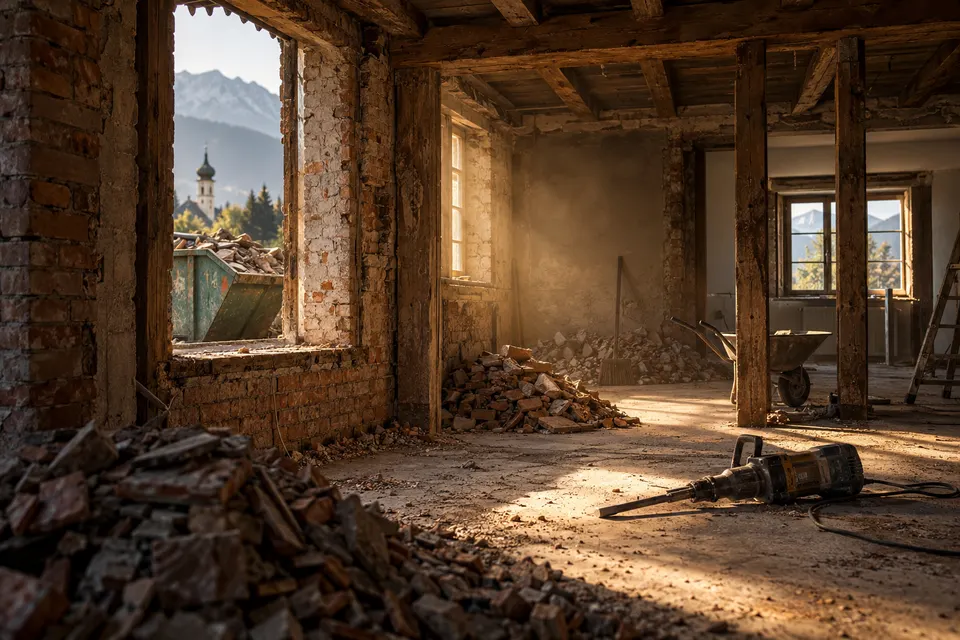 Entkerntes Altbauhaus mit freigelegtem Mauerwerk und Holzbalken, Schutt sauber zusammengekehrt