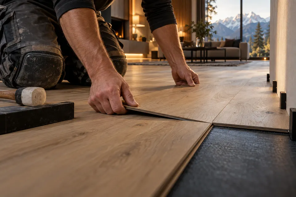 Handwerker verlegt die letzte Diele eines Vinyl-Klickbodens in Eichenoptik