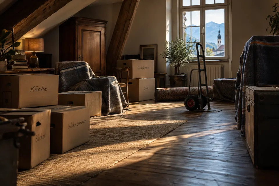 Sortierte Umzugskartons und abgedeckte Möbel in einer halb geräumten Dachwohnung