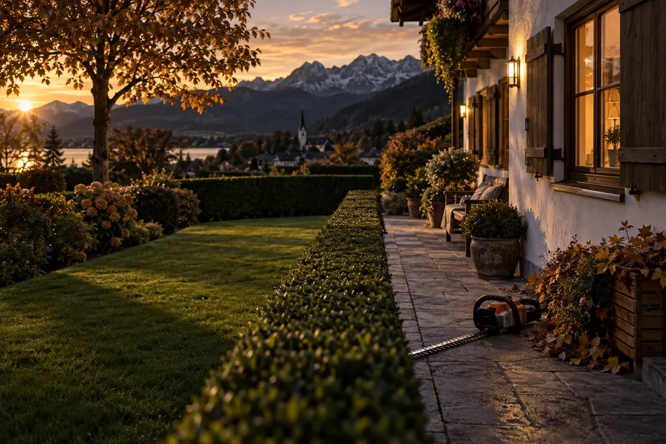 Frisch geschnittene Hecke, gemähter Rasen und gekehrter Steinweg im Abendlicht