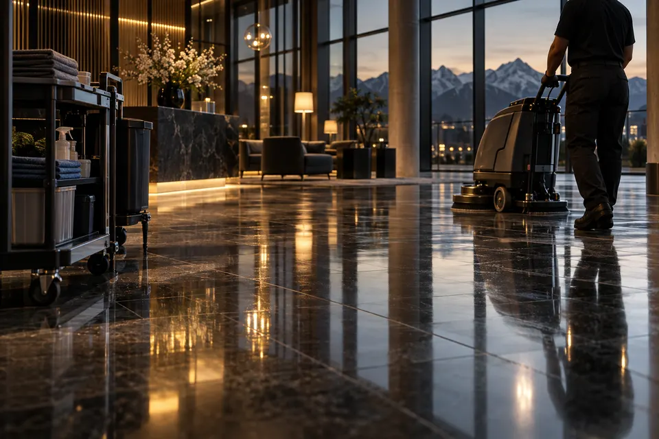 Glänzend gereinigter Steinboden in einer Büro-Lobby mit Reinigungsmaschine