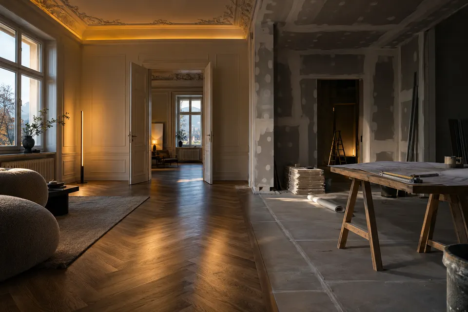 Altbau-Wohnung während der Renovierung, eine Hälfte fertig mit Eichenboden, die andere mit frisch gespachteltem Trockenbau