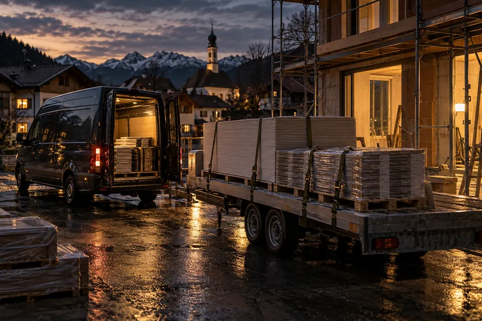 Transporter mit gesicherten Paletten Gipskarton und Bodenbelag auf einer Baustelle in der Dämmerung